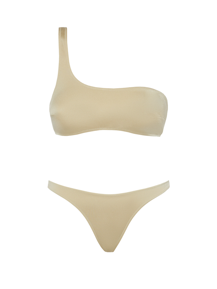 Celestine Naomi shimmer gold bikini with one-shoulder bralette top and cheeky briefs - MC2 Saint Barth