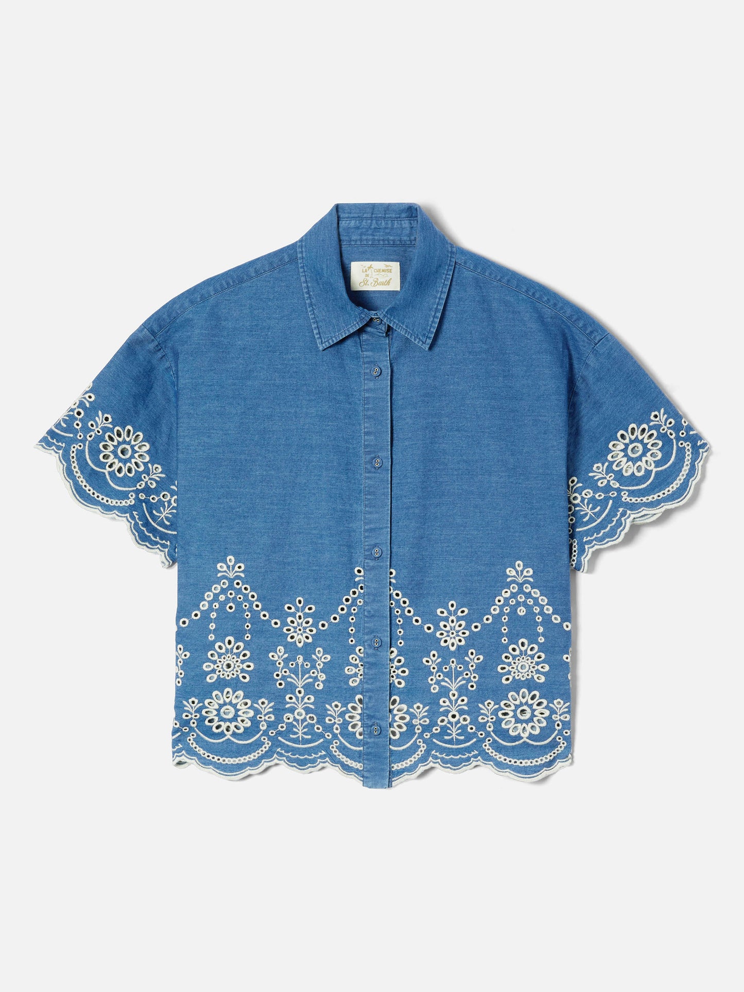 Clementine short-sleeve chambray shirt with floral embroidery
