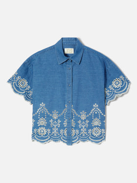 Clementine short-sleeve chambray shirt with floral embroidery