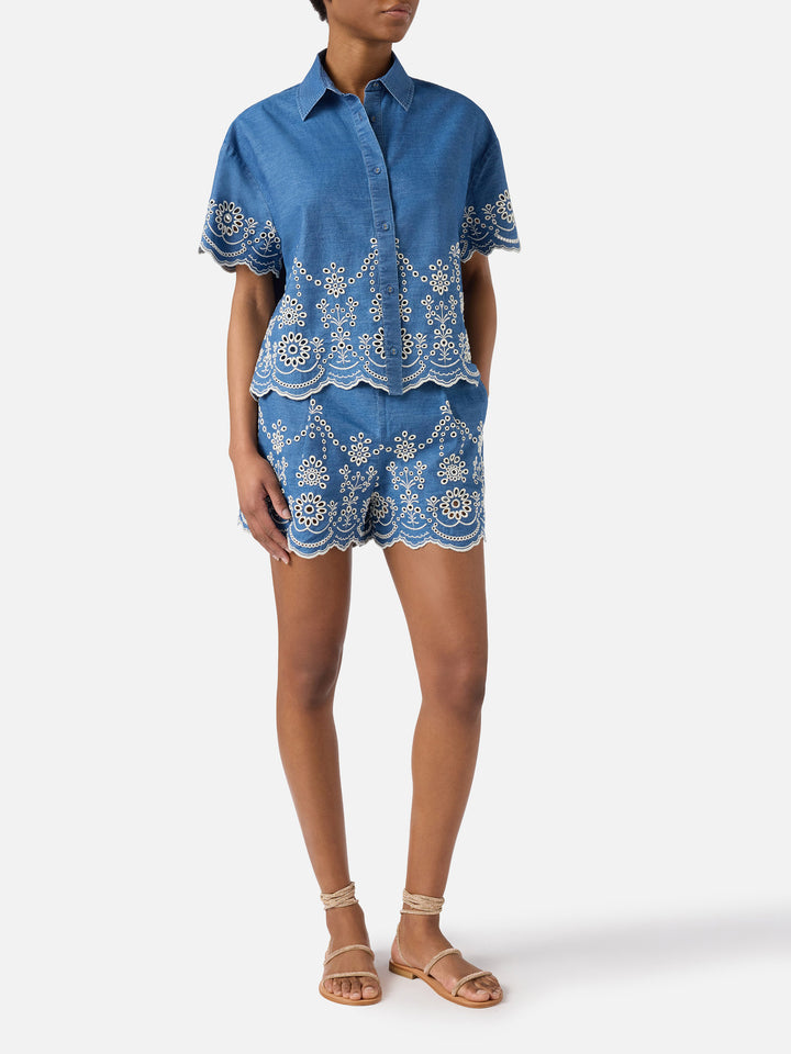 Camicia Clementine a maniche corte in chambray con ricamo floreale
