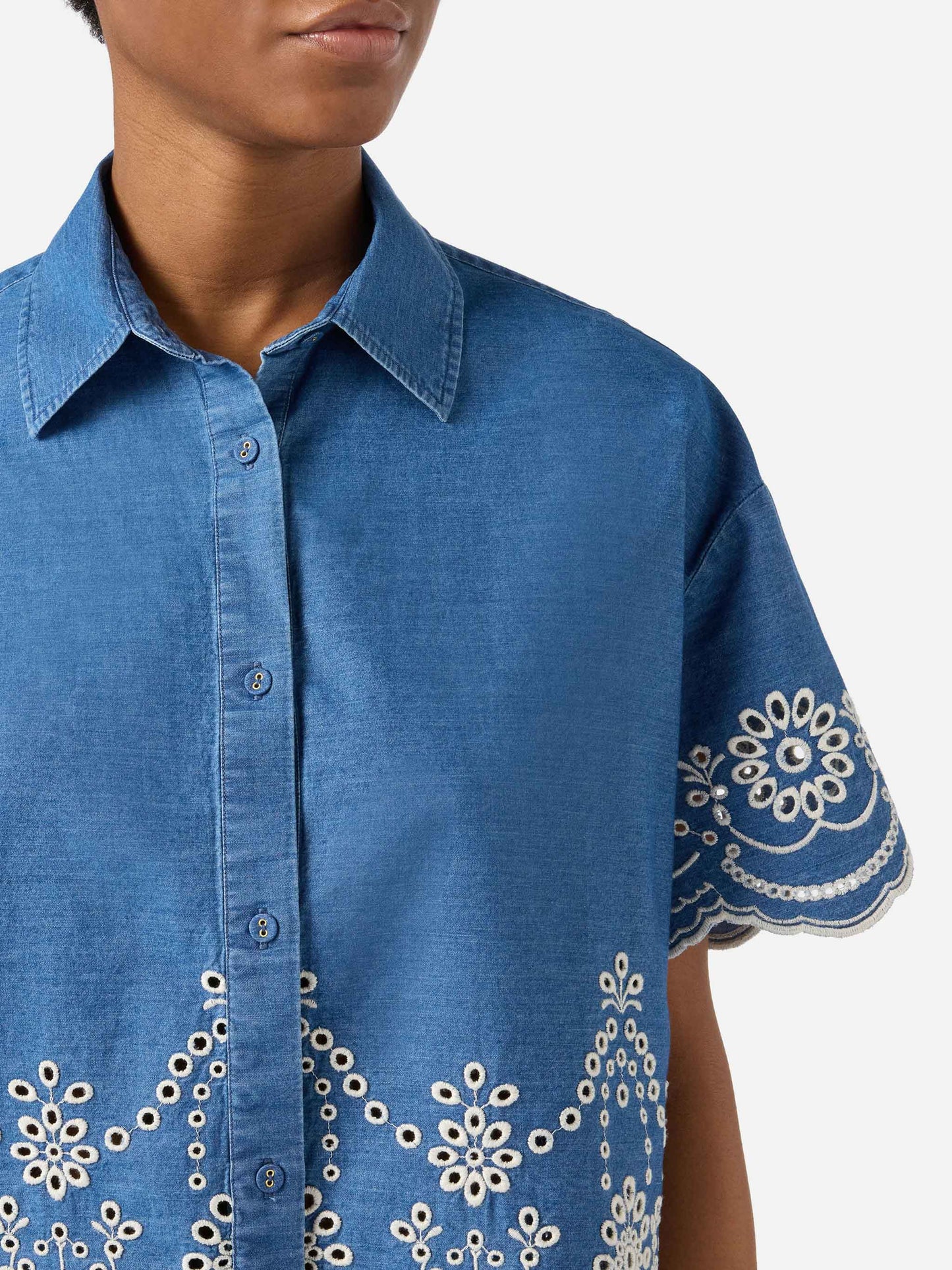 Clementine short-sleeve chambray shirt with floral embroidery