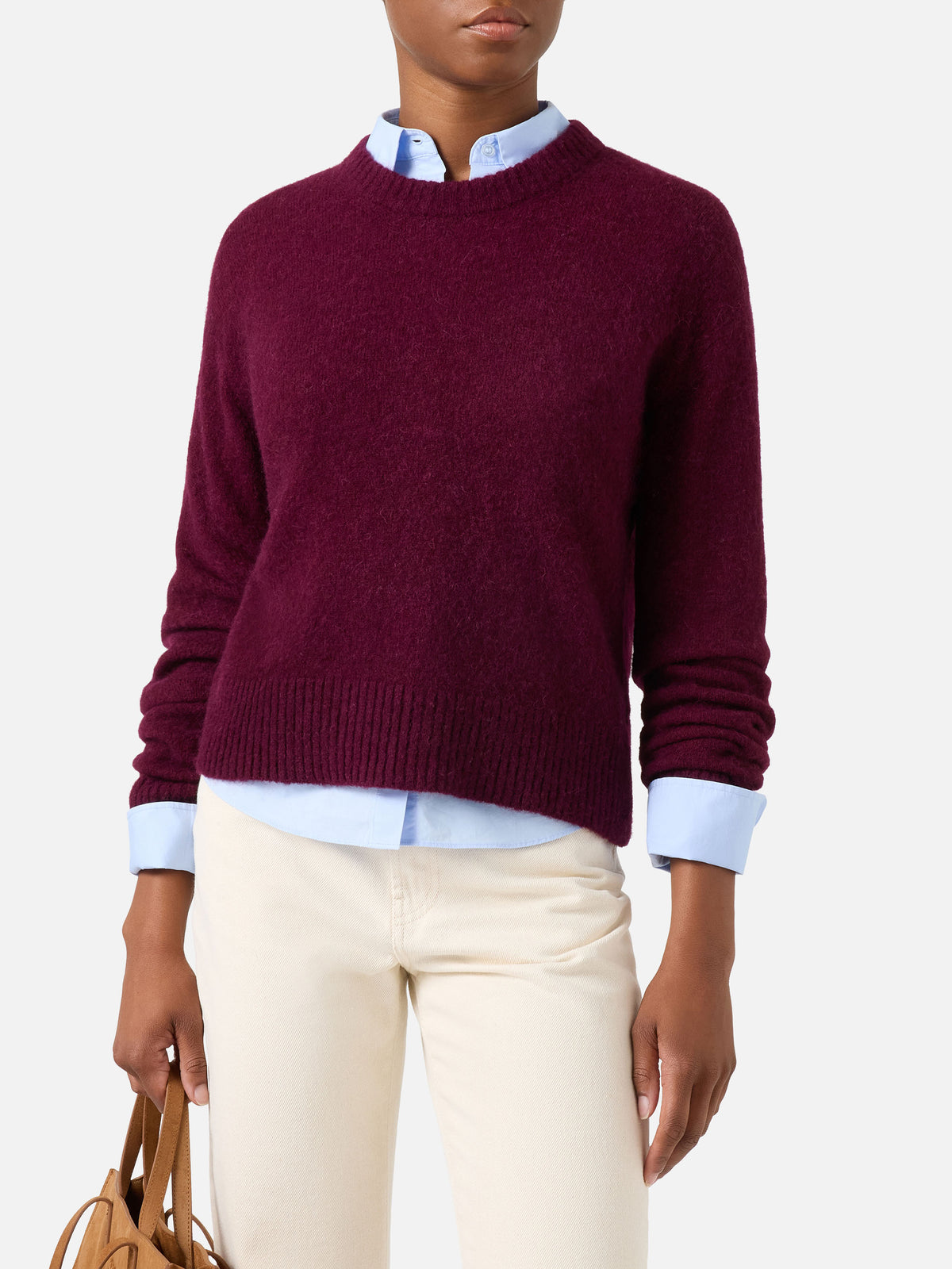 Aubergine Lucille soft alpaca wool blend crewneck knit with logo embroidery