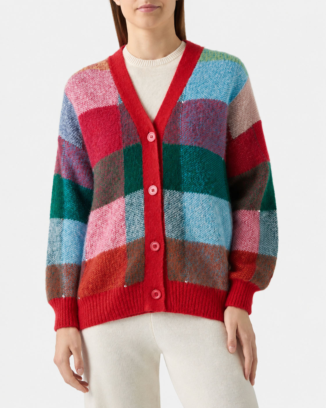 Cardigan Chloe à carreaux multicolores effet brossé avec ornement en strass 