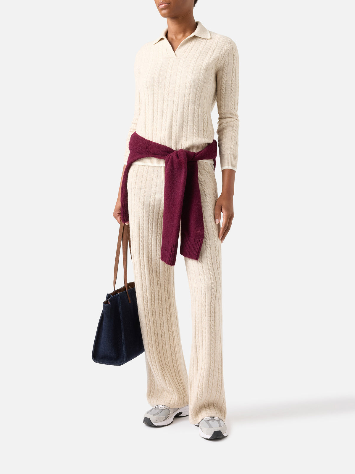 Beige Clichy wool polo collar knit with pointelle stitch