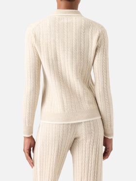 Beige Clichy wool polo collar knit with pointelle stitch