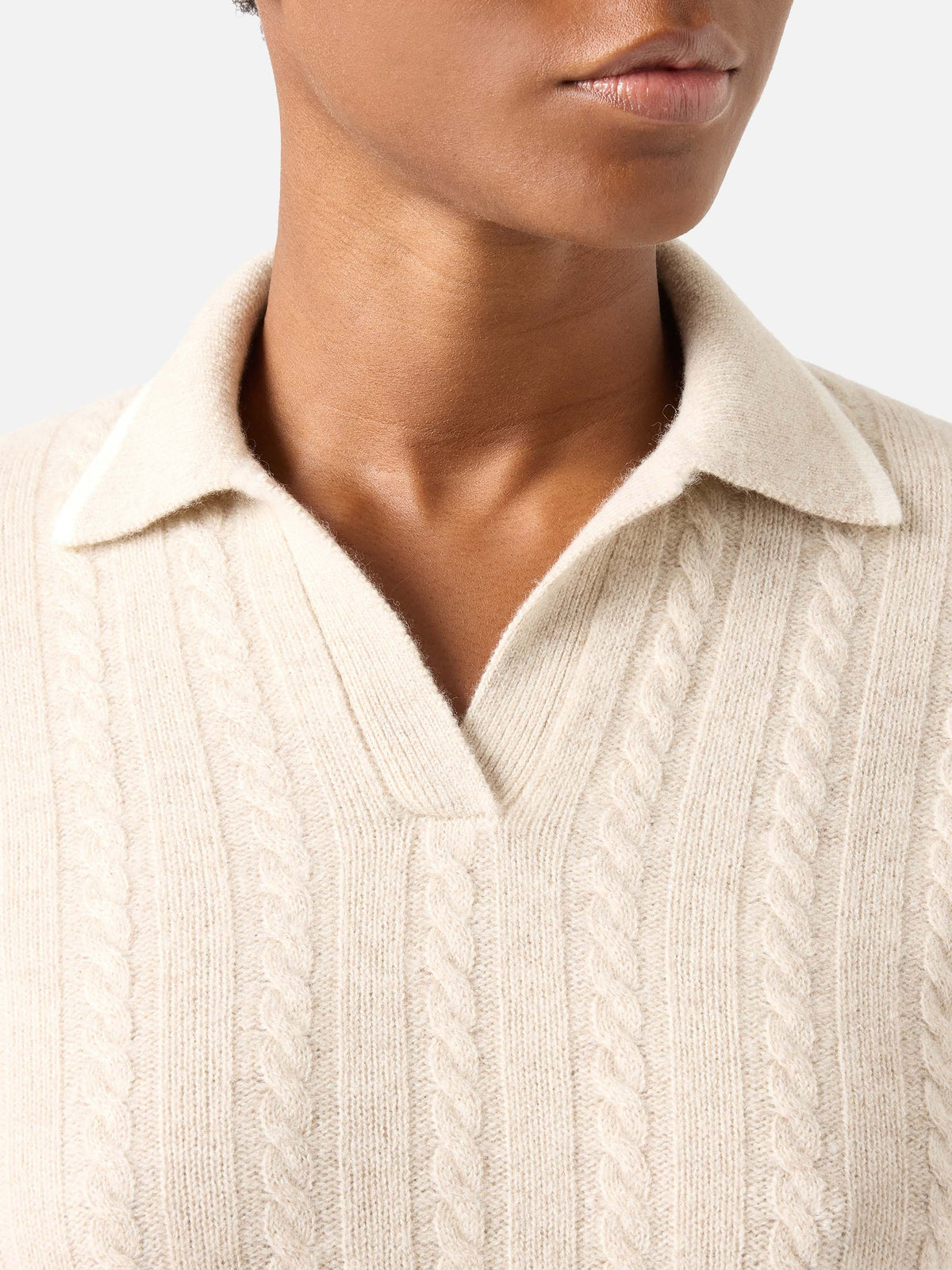Beige Clichy wool polo collar knit with pointelle stitch
