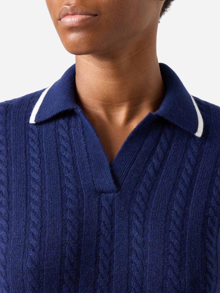 Nachtblauer blue Clichy Strick mit Polokragen aus Wolle mit Pointelle-Muster 