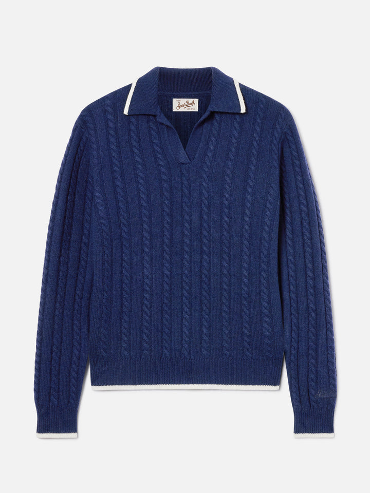 Nachtblauer blue Clichy Strick mit Polokragen aus Wolle mit Pointelle-Muster 
