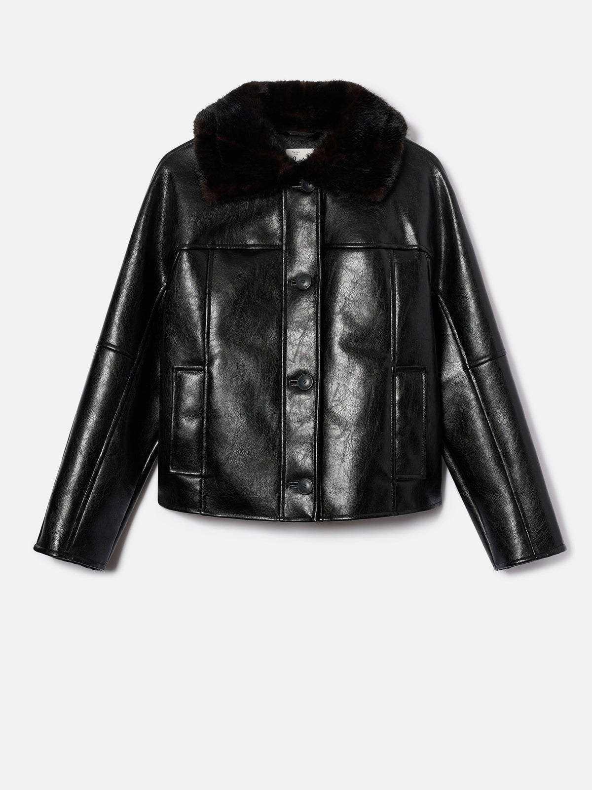 Schwarze Clisia Jacke aus Kunstleder mit Kragen aus Kunstpelz 