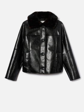 Schwarze Clisia Jacke aus Kunstleder mit Kragen aus Kunstpelz 