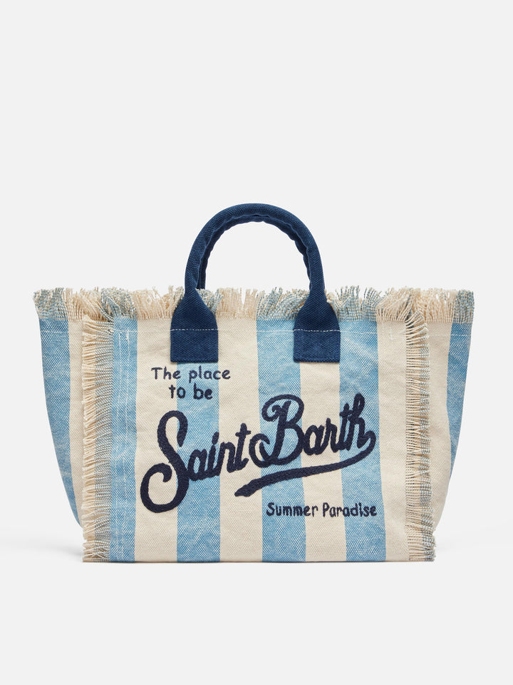 Colette cotton canvas handbag with light blue striped print - MC2 Saint Barth