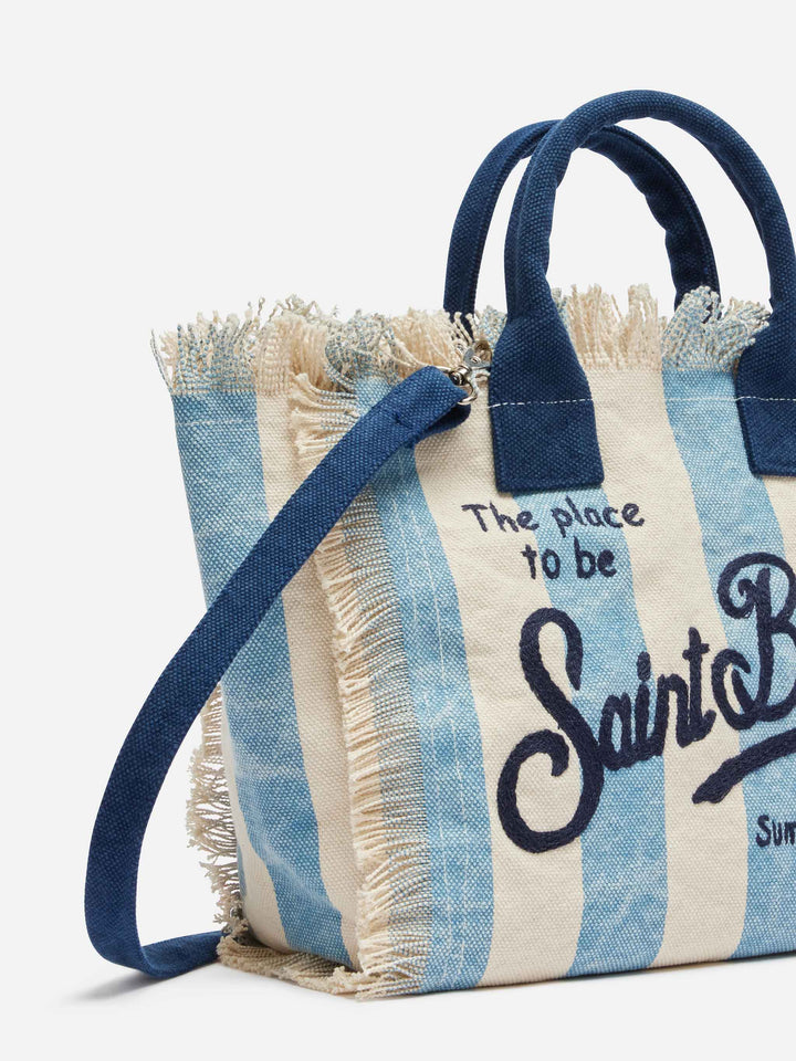 Colette cotton canvas handbag with light blue striped print - MC2 Saint Barth