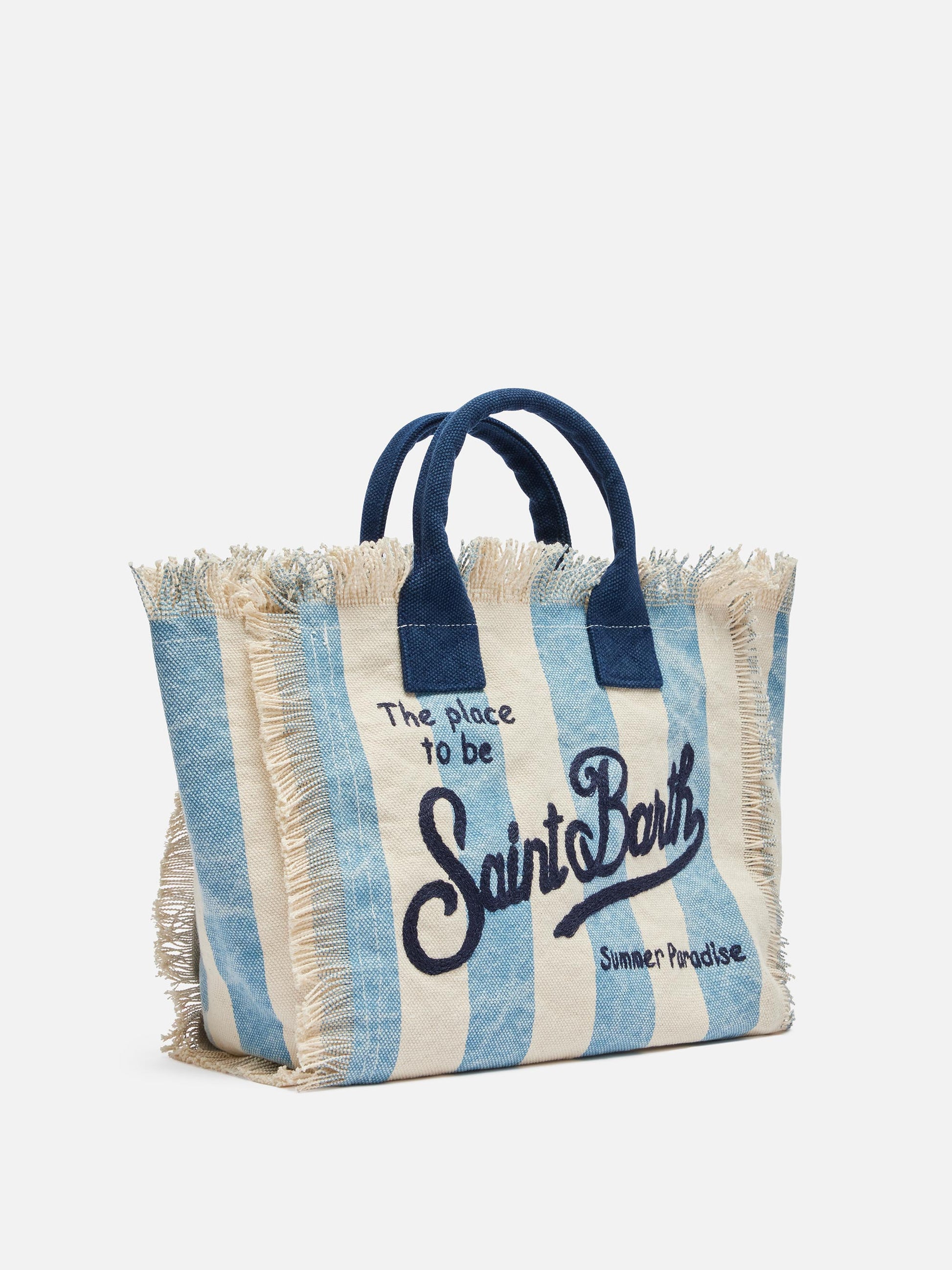 Colette cotton canvas handbag with light blue striped print - MC2 Saint Barth