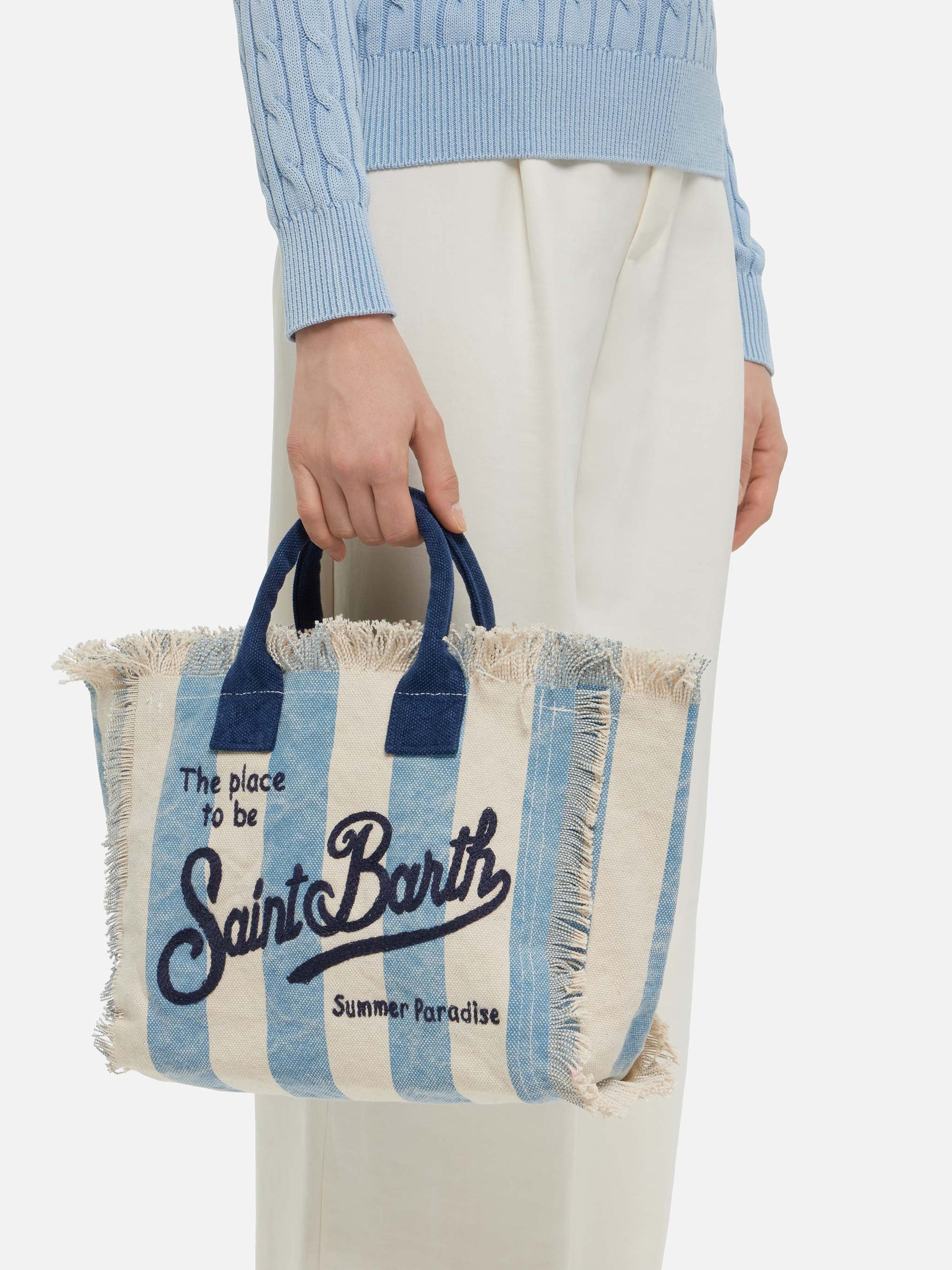Colette cotton canvas handbag with light blue striped print - MC2 Saint Barth
