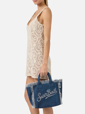 Bolso Colette de lona azul índigo con logo de strass 