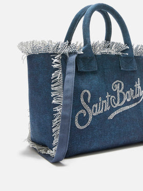 Bolso Colette de lona azul índigo con logo de strass 