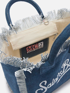 Bolso Colette de lona azul índigo con logo de strass 