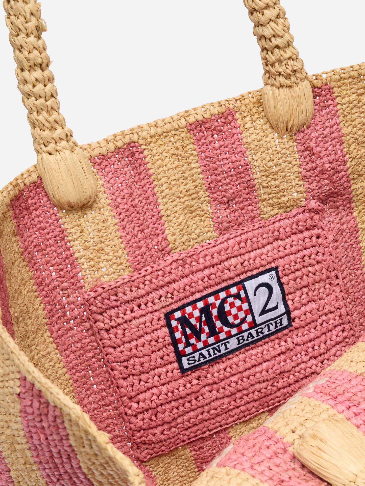 Borsa Colette in rafia a righe rosa con logo ricamato