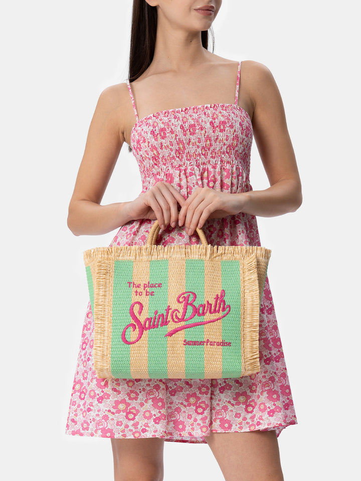 Water green striped Colette Straw handbag with embroidery