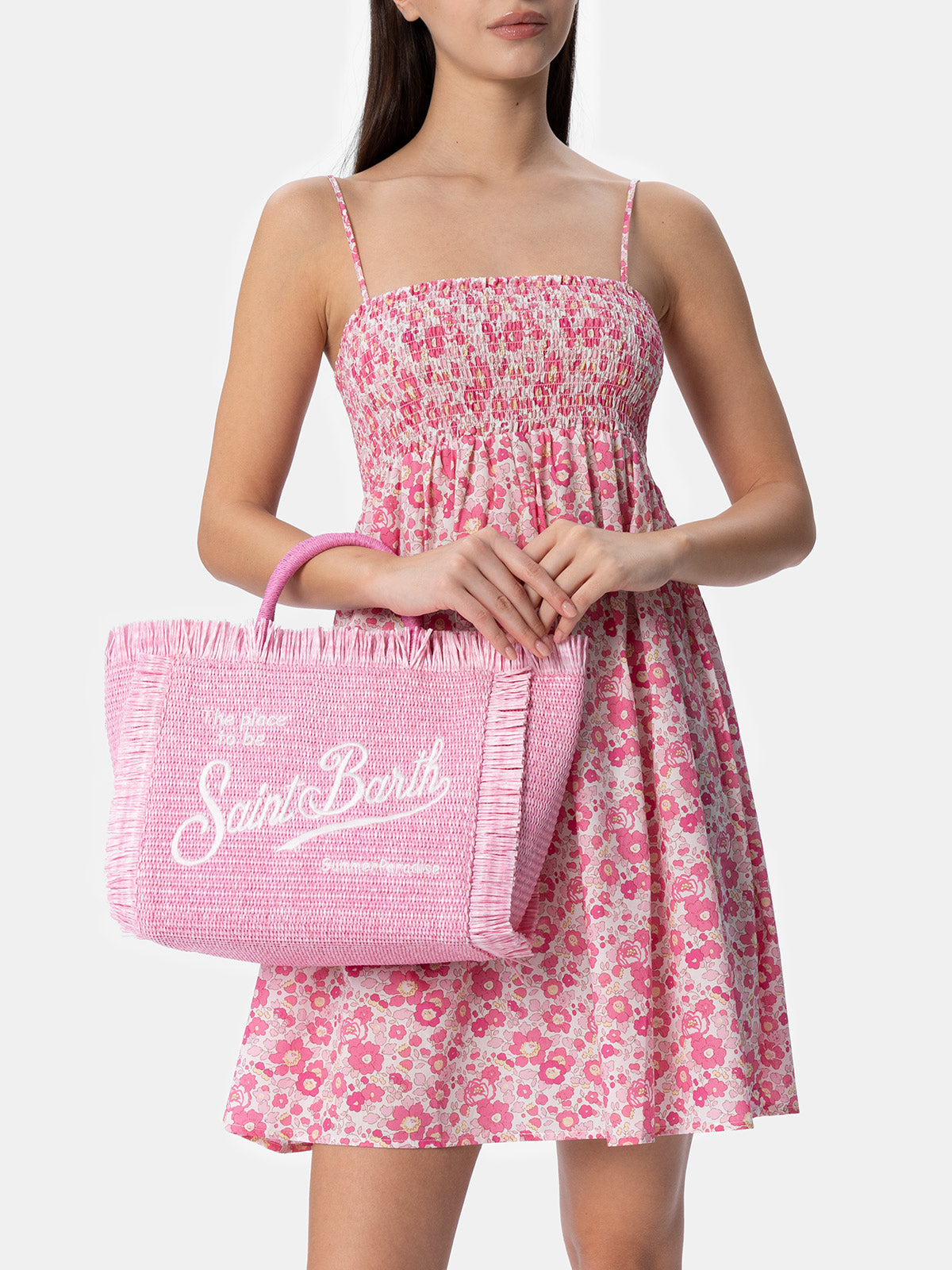 Pink Colette Straw handbag with embroidery