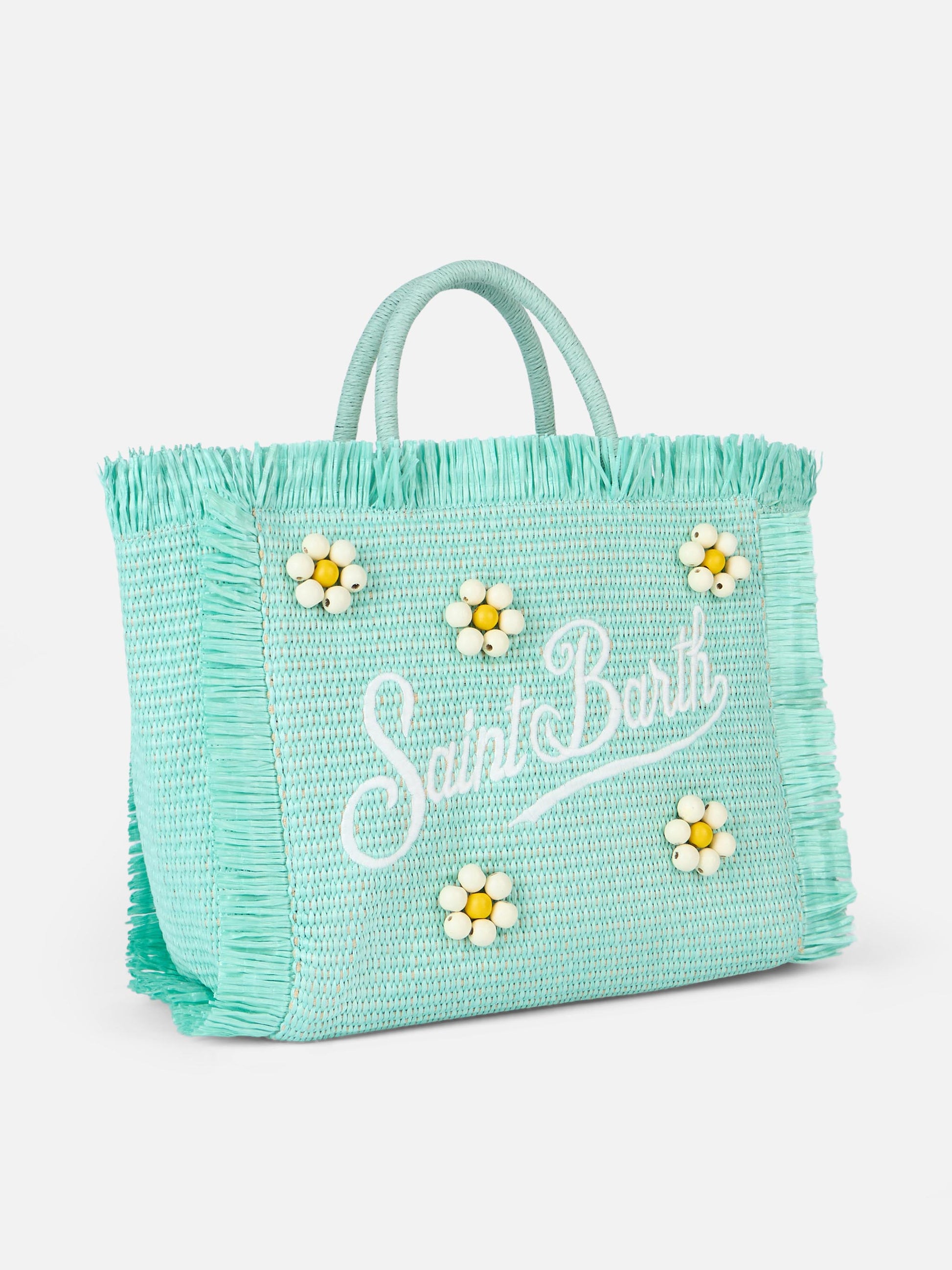 Water green Colette Straw handbag with flower wood beads embellishment - MC2 Saint Barth
