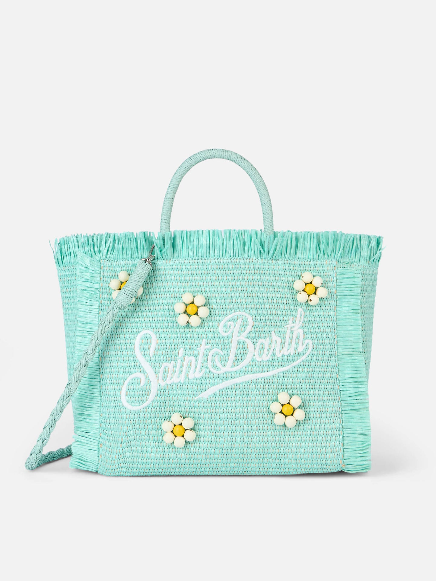 Water green Colette Straw handbag with flower wood beads embellishment - MC2 Saint Barth