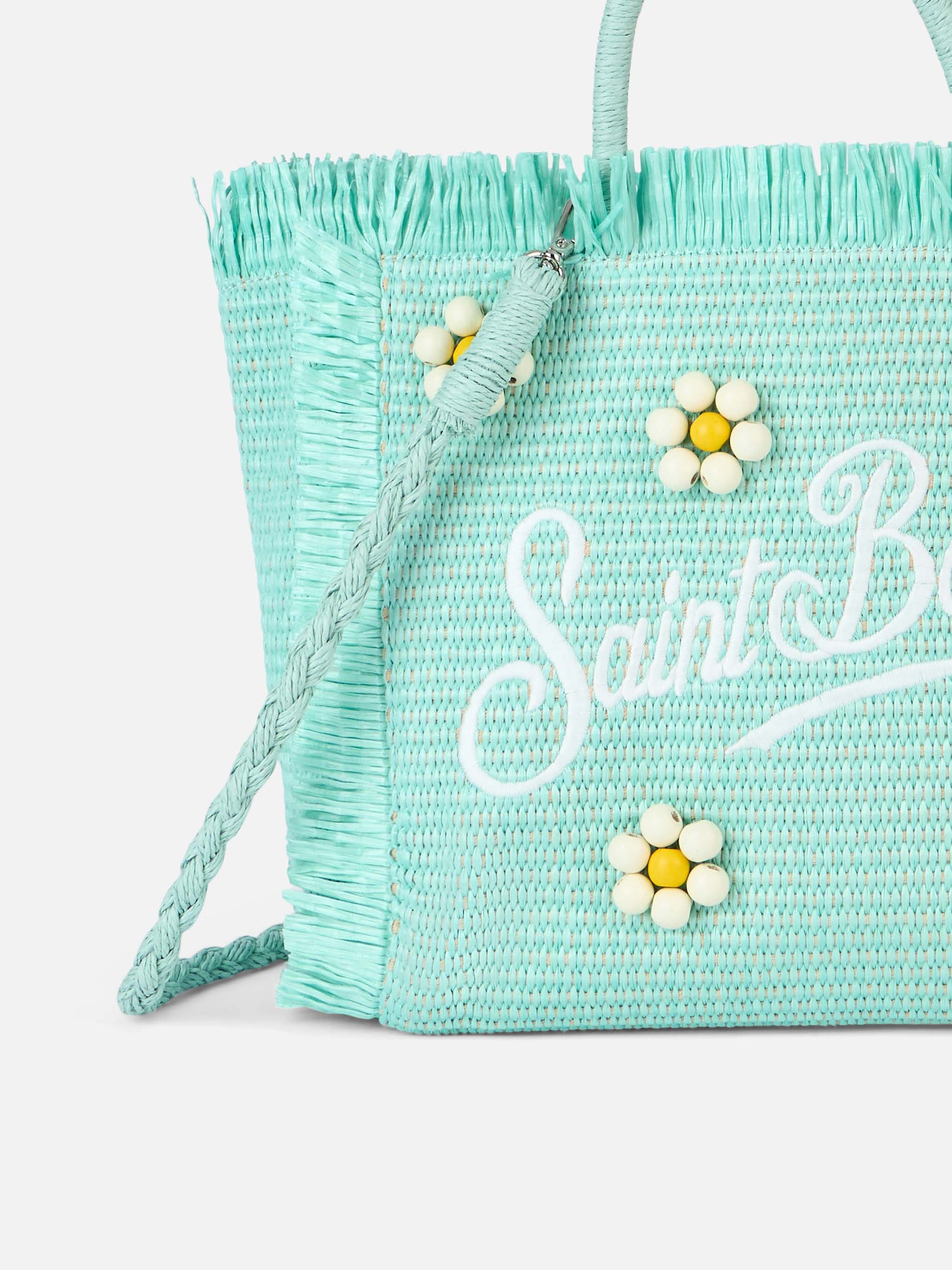 Water green Colette Straw handbag with flower wood beads embellishment - MC2 Saint Barth