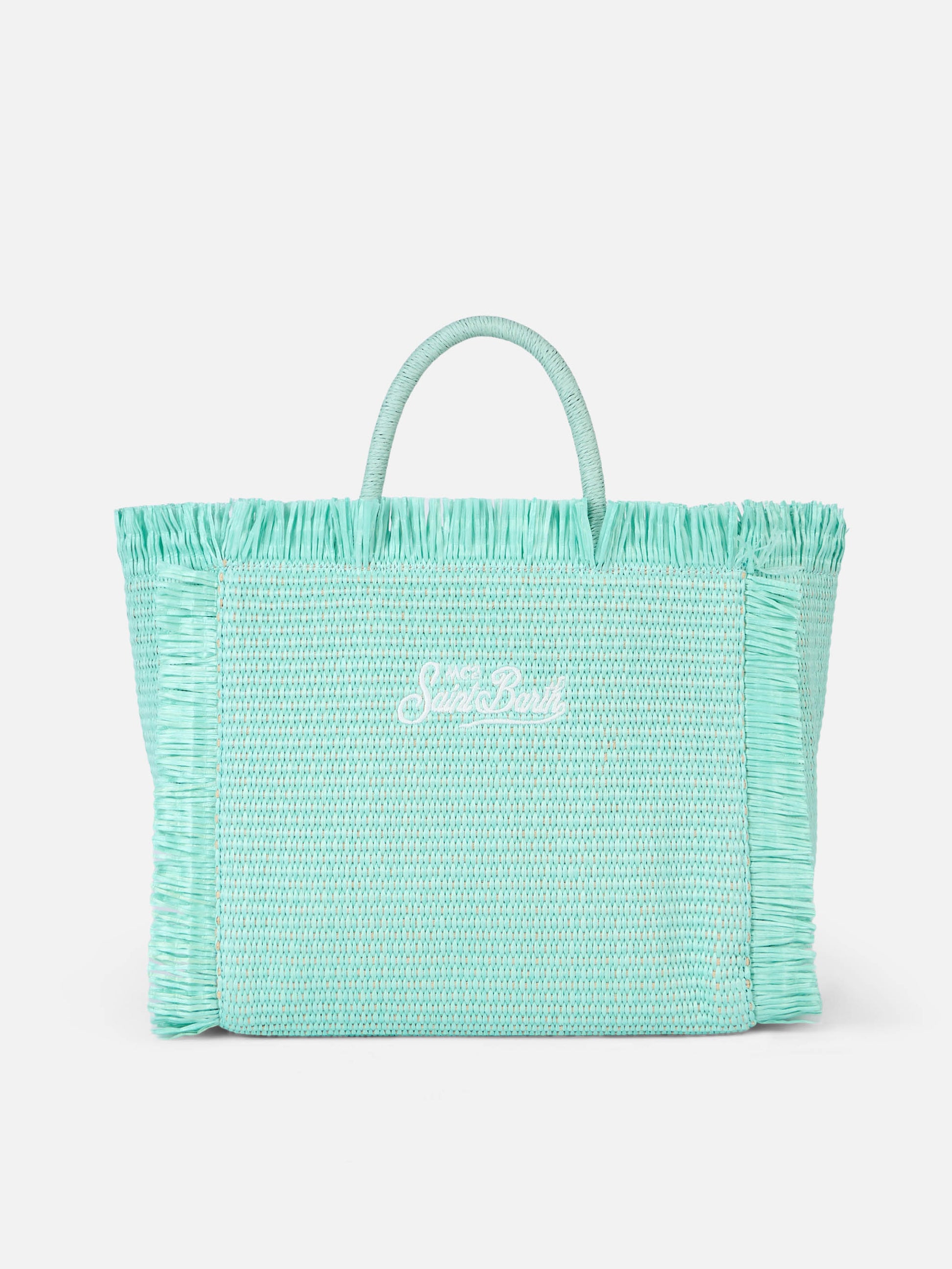 Water green Colette Straw handbag with flower wood beads embellishment - MC2 Saint Barth