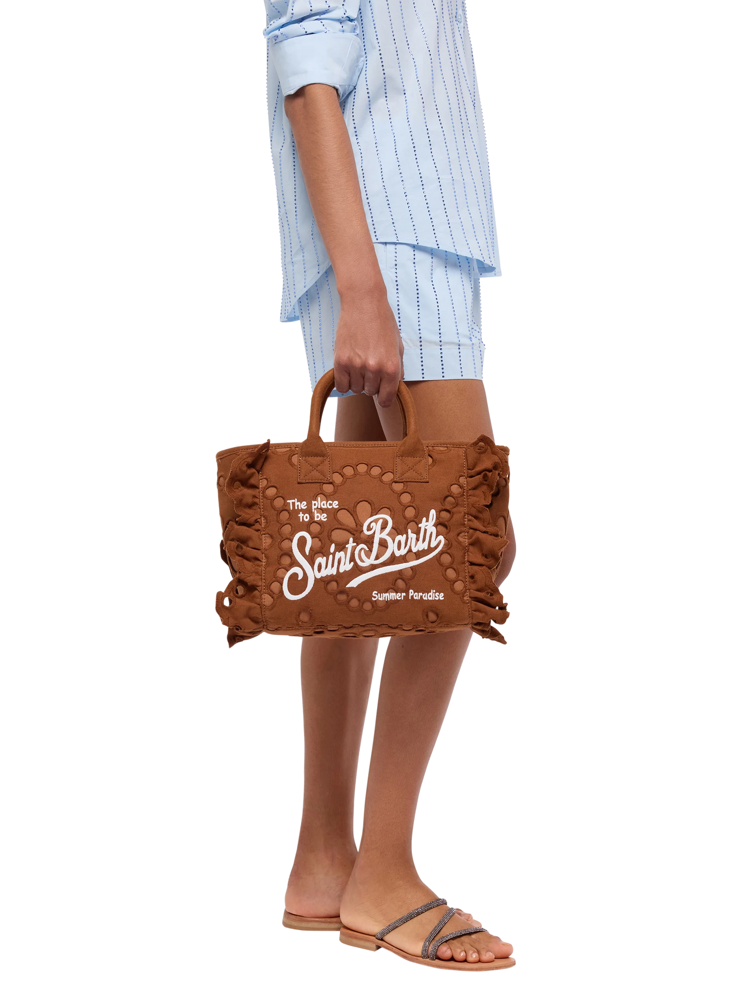 Colette camel brown handbag in Sangallo cotton lace with flounce - MC2 Saint Barth