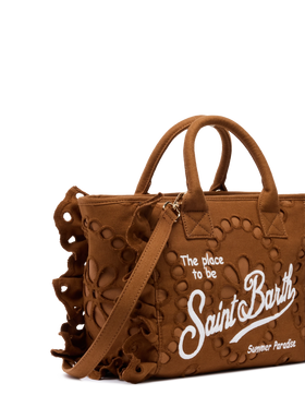 Colette camel brown handbag in Sangallo cotton lace with flounce - MC2 Saint Barth