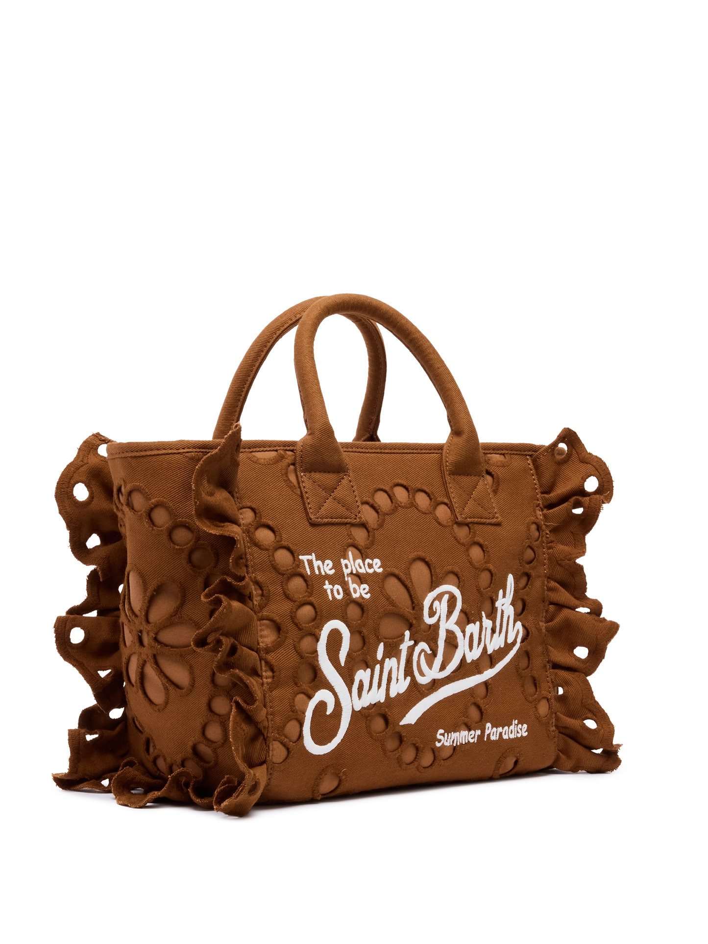 Colette camel brown handbag in Sangallo cotton lace with flounce - MC2 Saint Barth