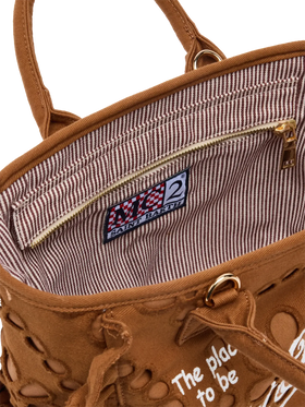 Colette camel brown handbag in Sangallo cotton lace with flounce - MC2 Saint Barth