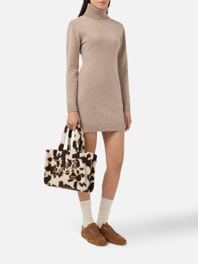 Colette Teddy Handbag in cow-print sherpa