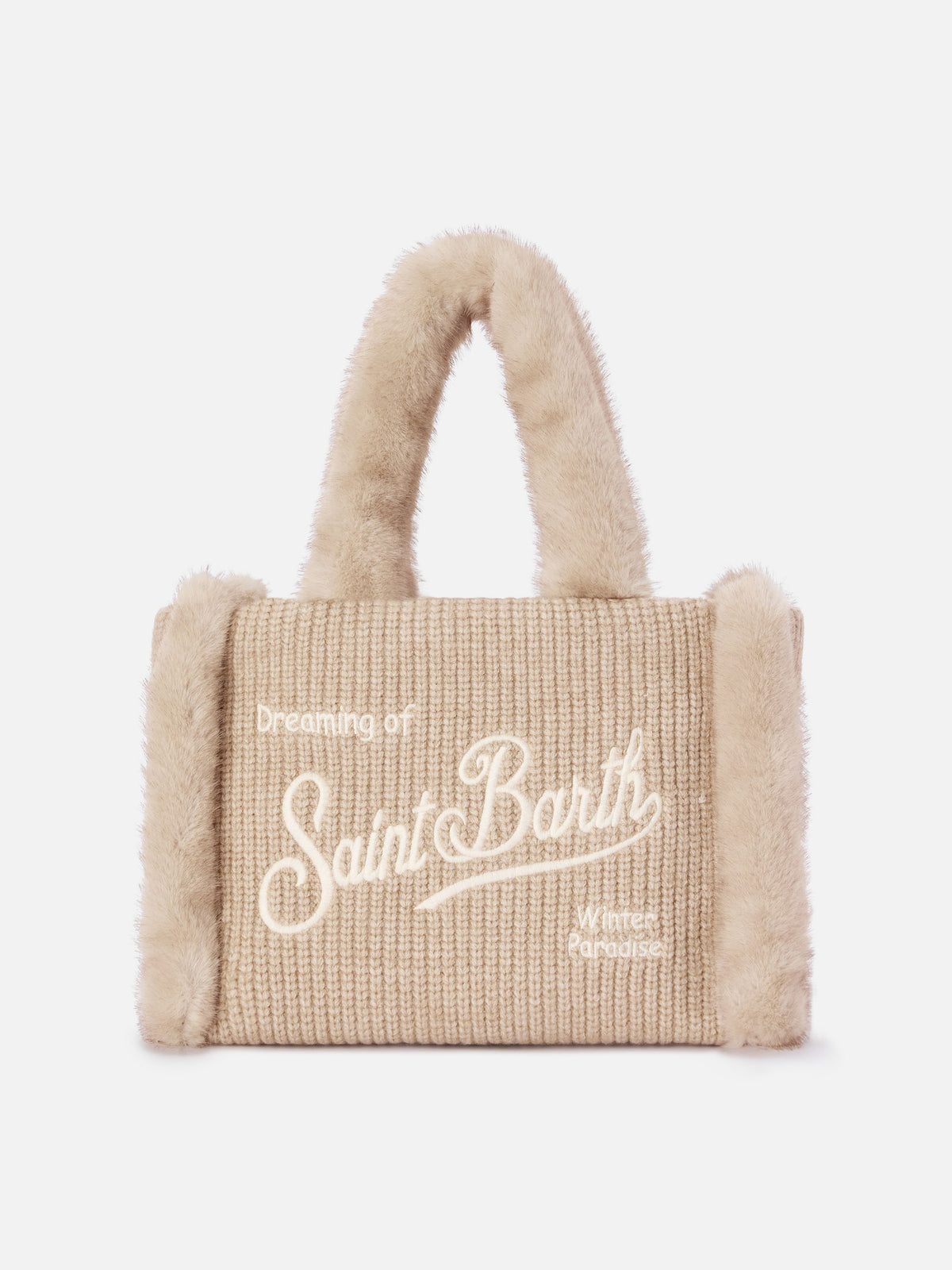 Beige gerippte Handtasche aus Faux-Shearling mit Logo-Stickerei Colette 