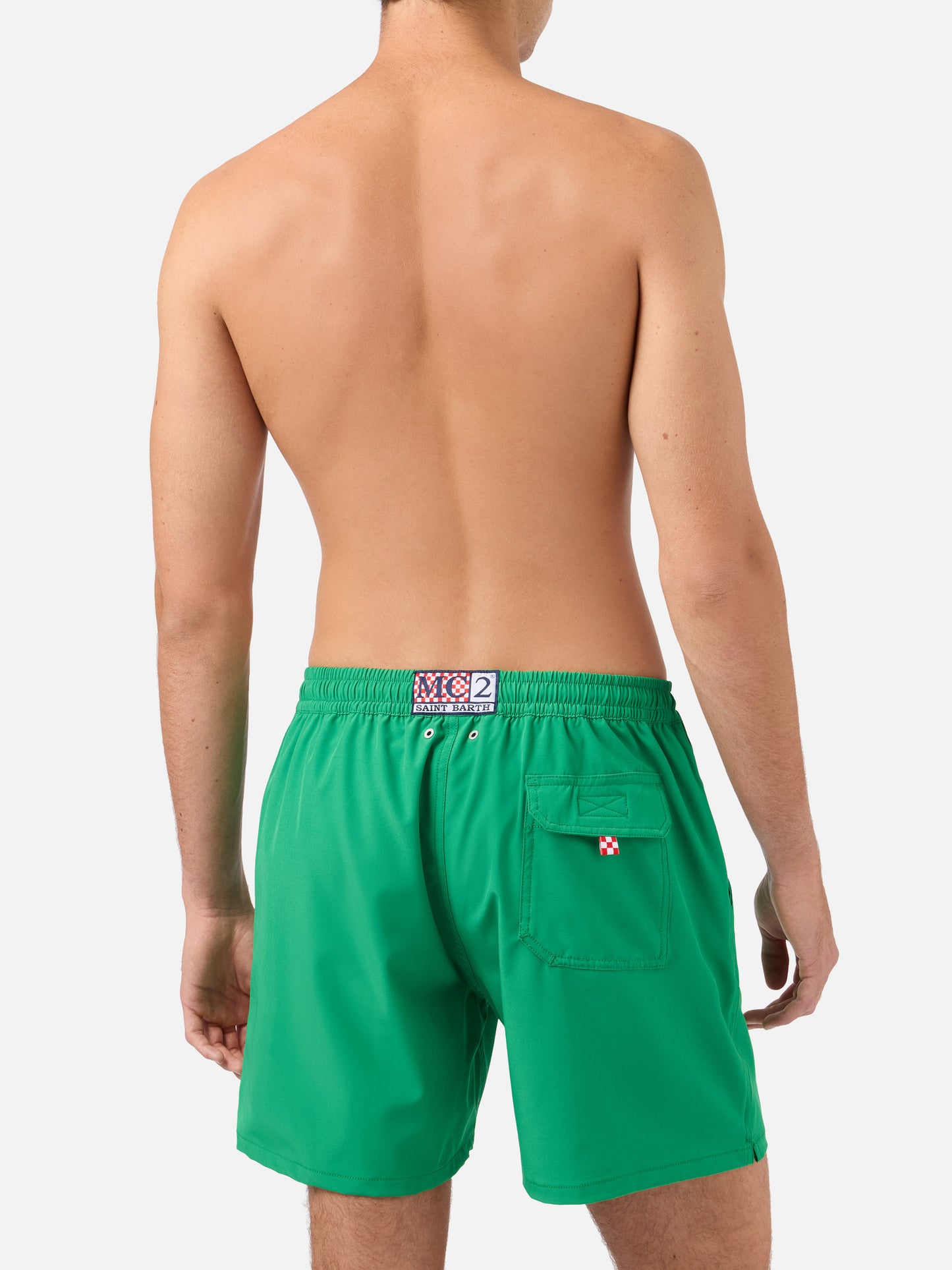 Comfort swim shorts in green with Faccio tutto a fin di bere embroidery
