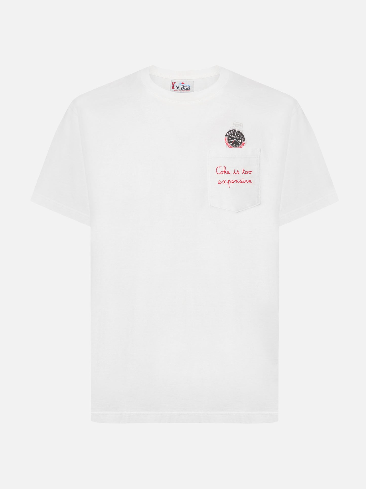 T-shirt Connor in cotone bianco con ricamo sul taschino Coke is too expensive