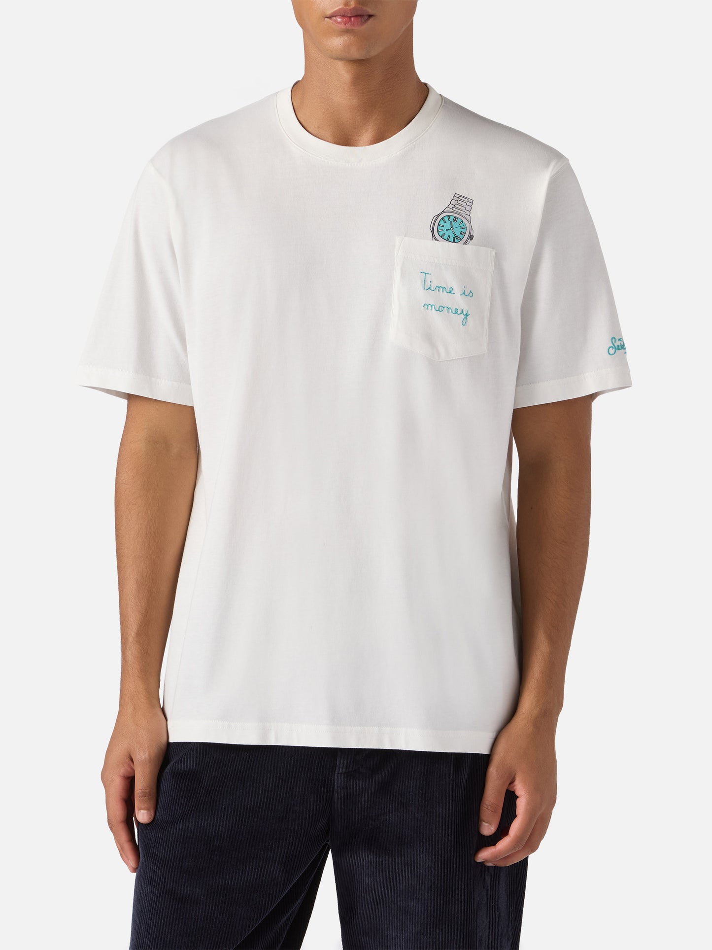 Connor cotton T-shirt in white with Time is Money pocket embroidery