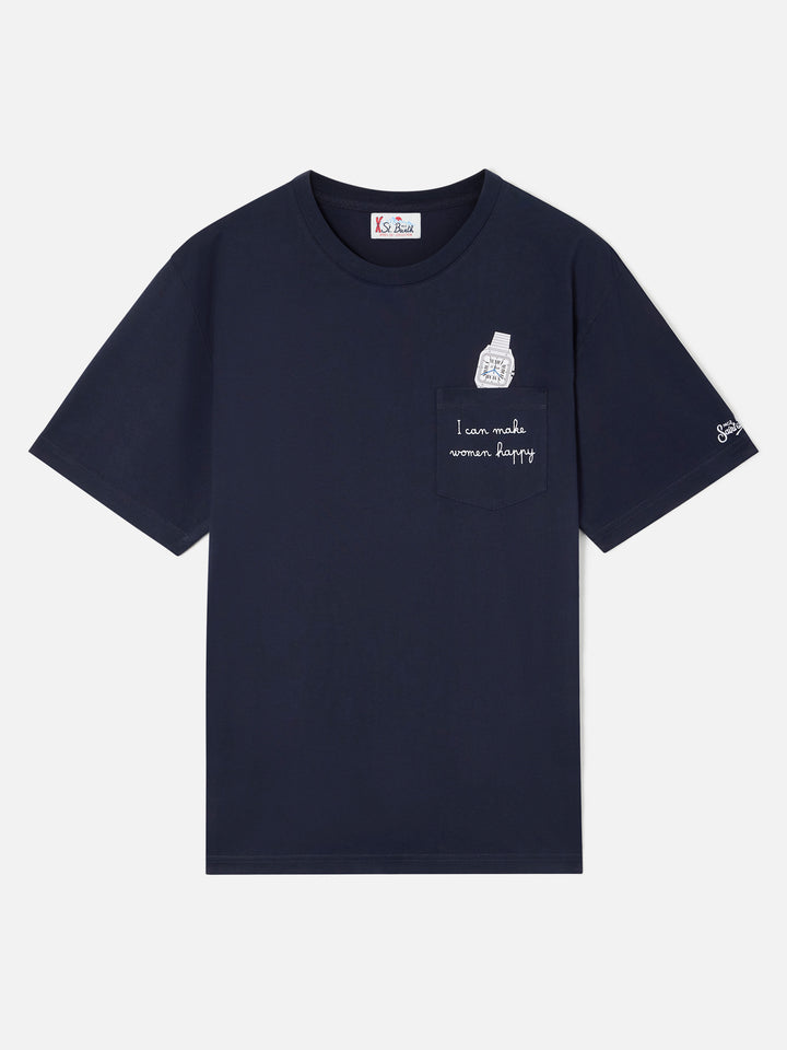 Camiseta de algodón Navy blue Connor con estampado de reloj y bordado 