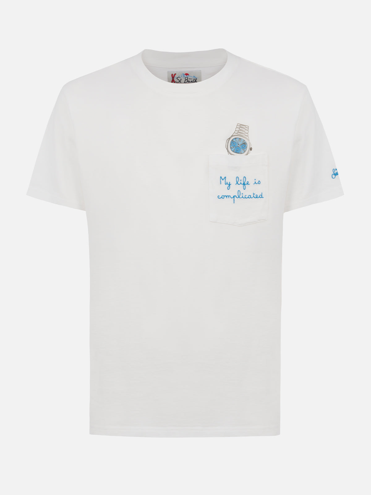 Weißes Baumwoll-T-Shirt für Herren von Connor mit „My Life is Complicated“-Stickerei