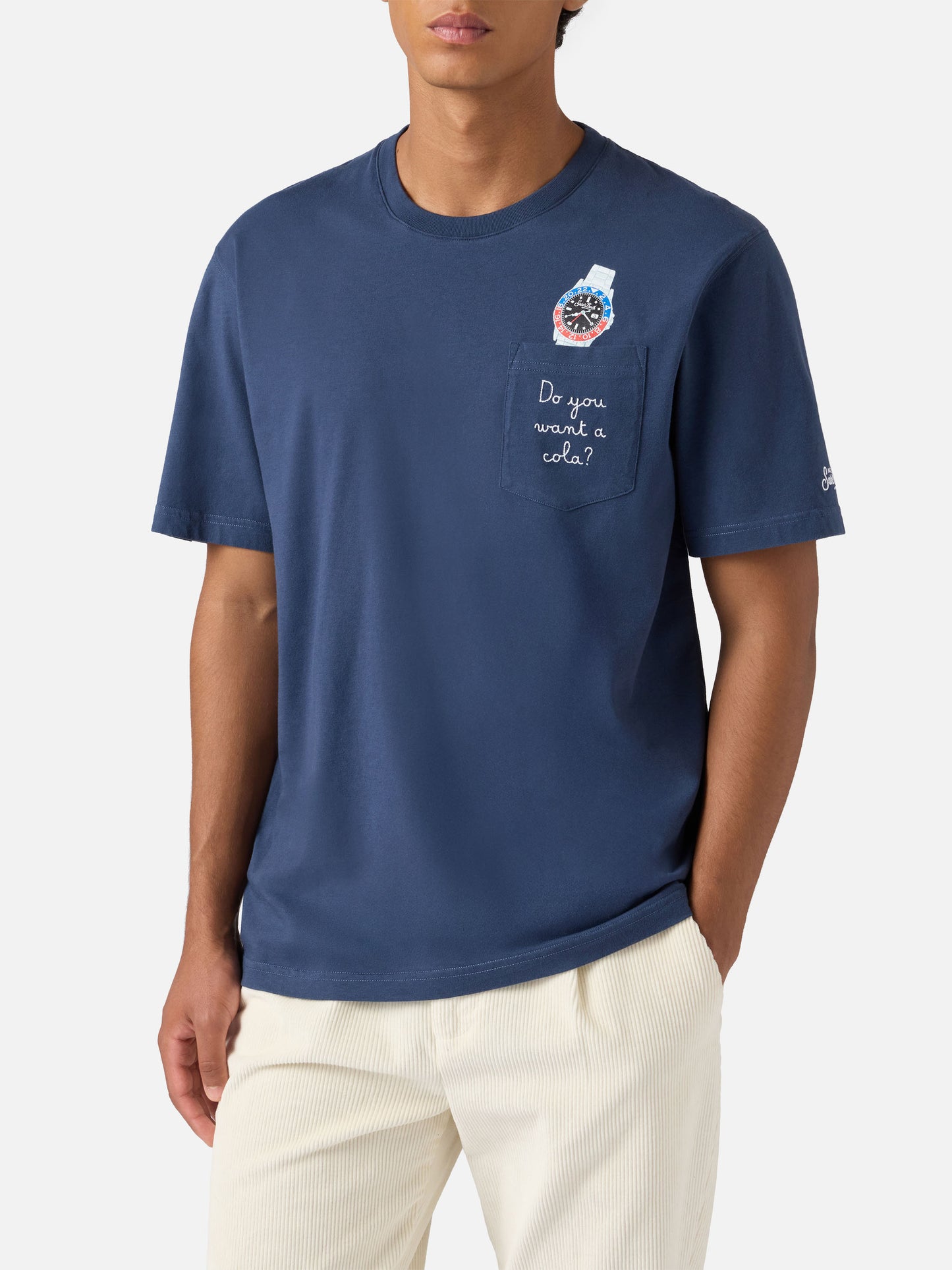 T-shirt Connor in cotone blu con ricamo sul taschino Do you want a cola?