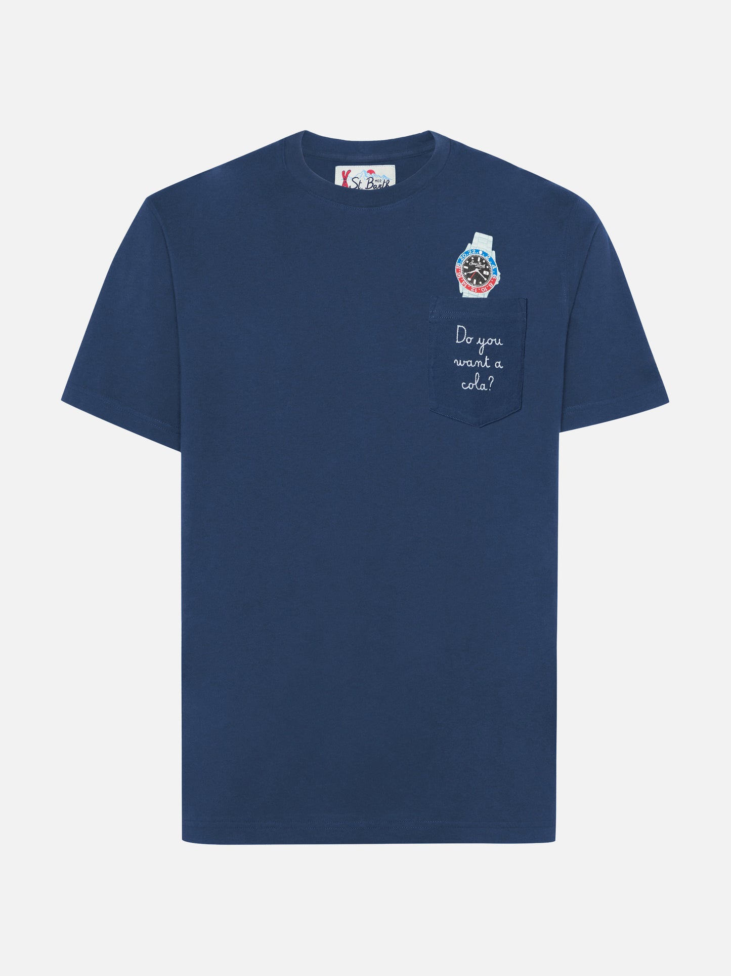 T-shirt Connor in cotone blu con ricamo sul taschino Do you want a cola?