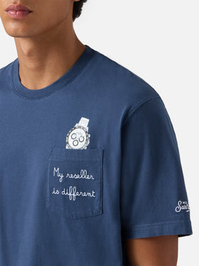 Connor cotton T-shirt in blue with My reseller is different pocket embroidery