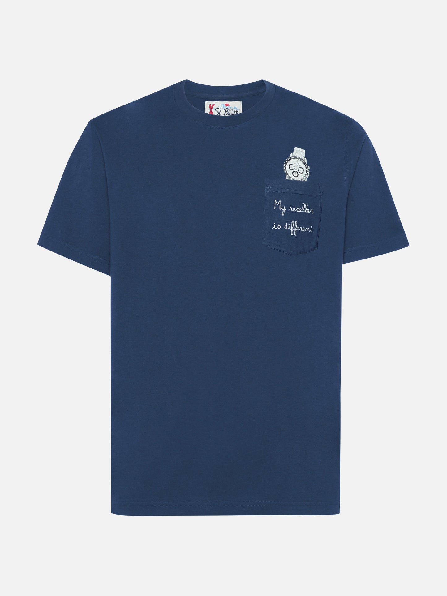 Connor cotton T-shirt in blue with My reseller is different pocket embroidery