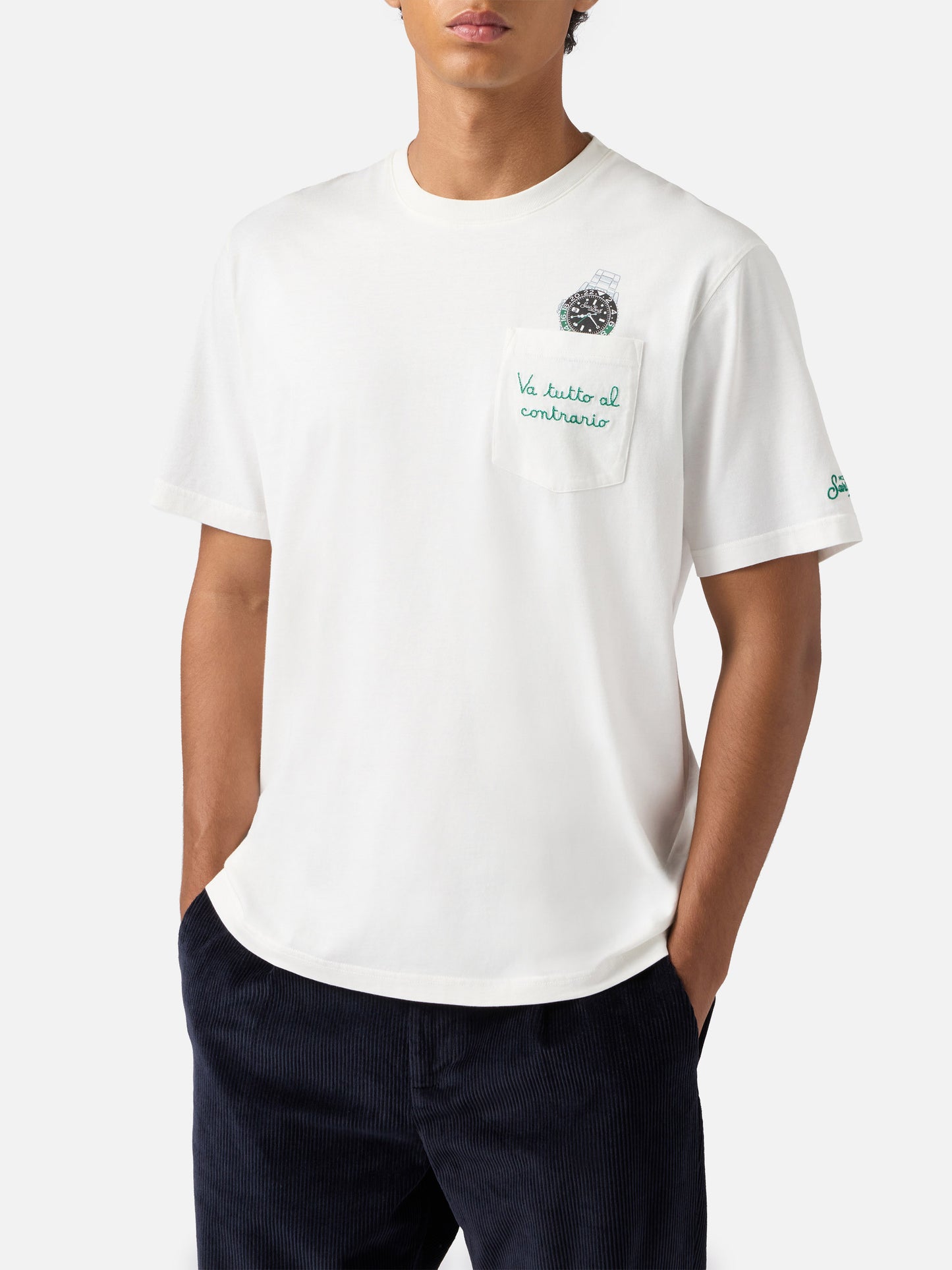 Connor cotton T-shirt in white with Va tutto al contrario pocket embroidery