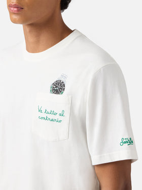 Connor cotton T-shirt in white with Va tutto al contrario pocket embroidery