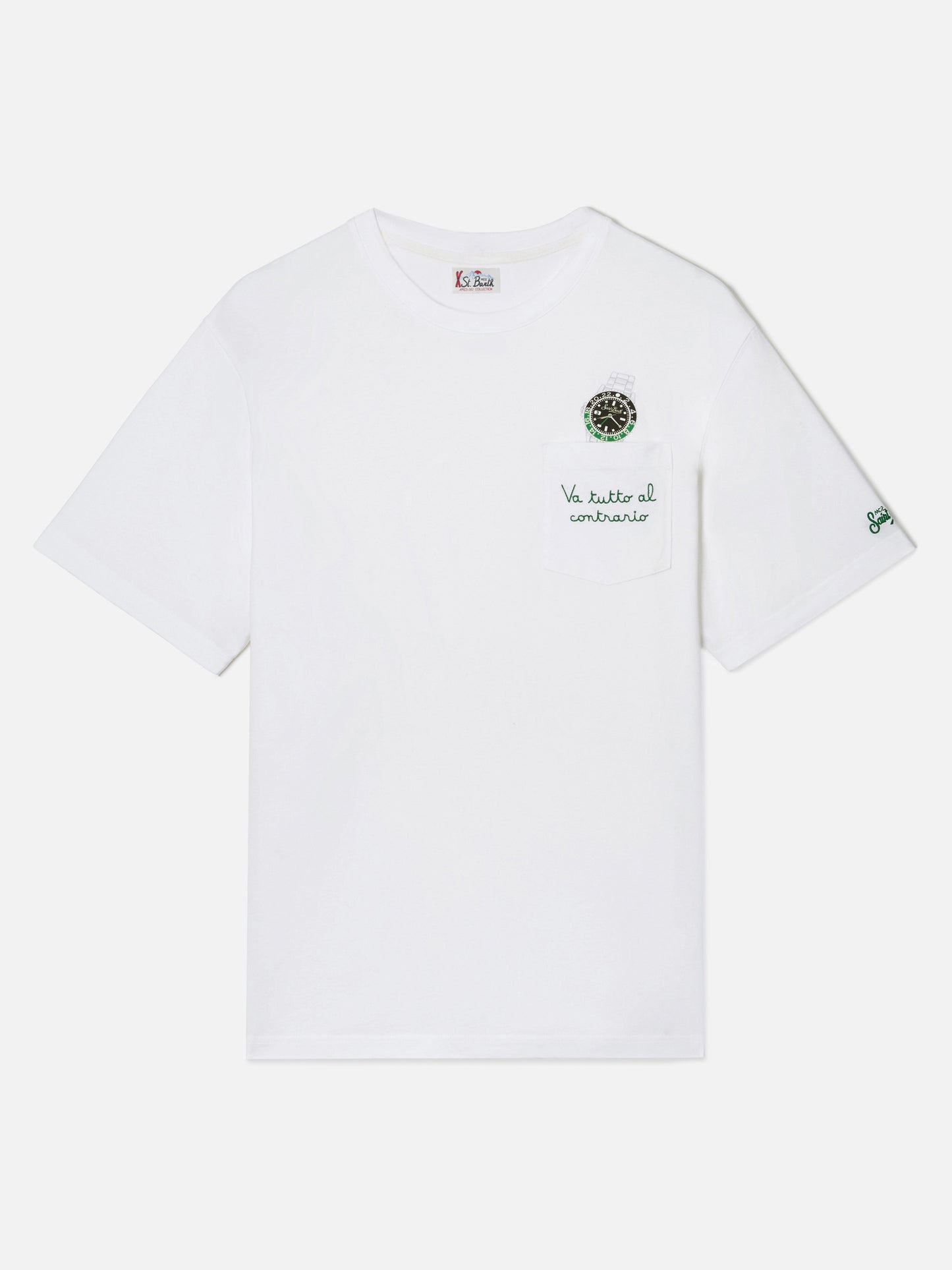 Connor cotton T-shirt in white with Va tutto al contrario pocket embroidery