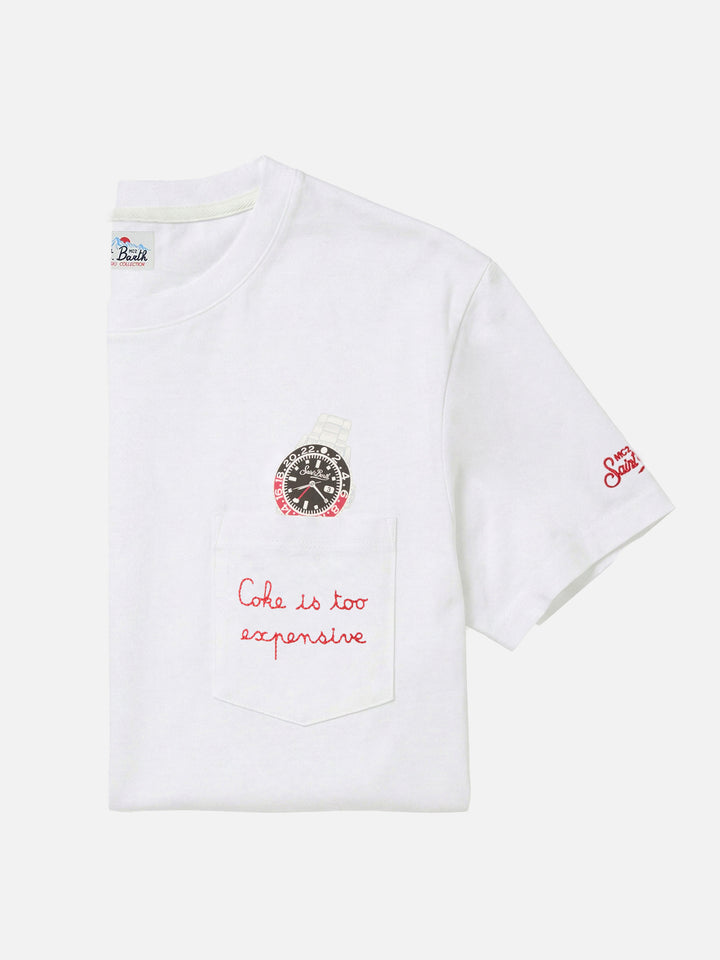Camiseta de algodón Connor blanca con estampado de reloj y bordado Cara Ho Un Expensive 