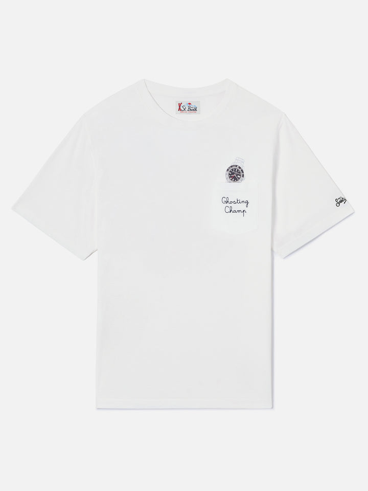 T-shirt en coton Connor blanc avec imprimé montre et broderie Ghosting Champ 