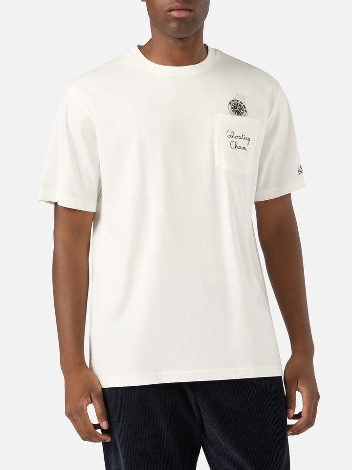 Camiseta de algodón Connor blanca con estampado de reloj y bordado Ghosting Champ 