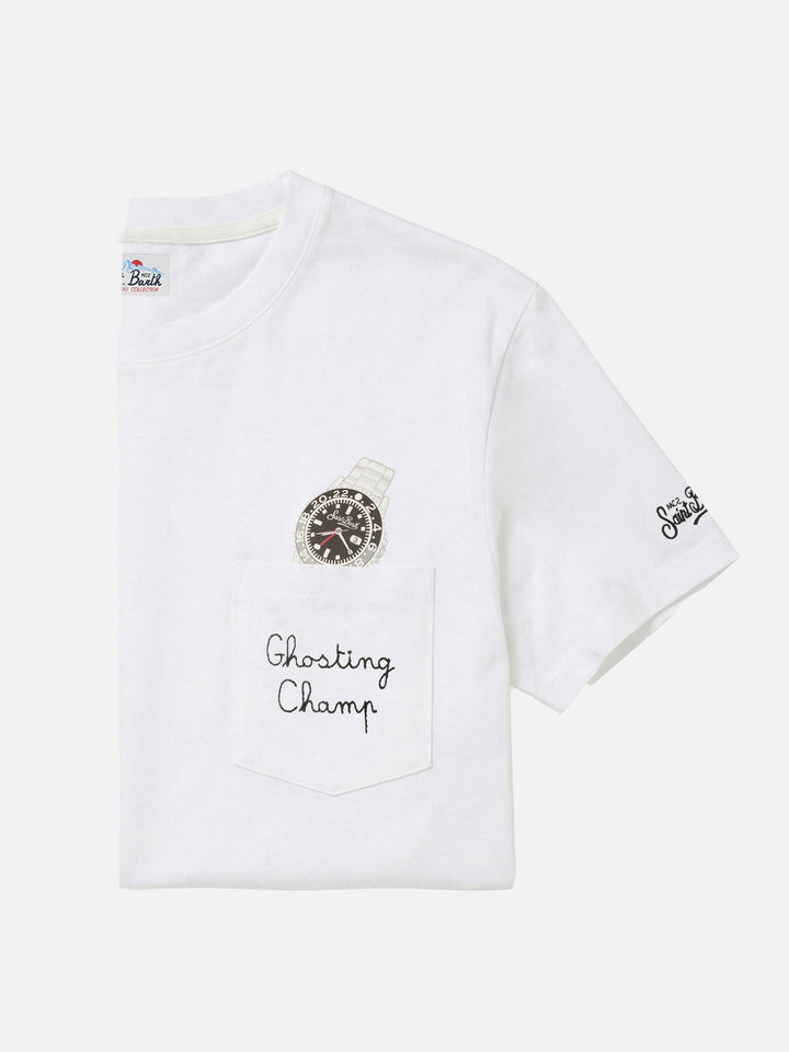 Camiseta de algodón Connor blanca con estampado de reloj y bordado Ghosting Champ 